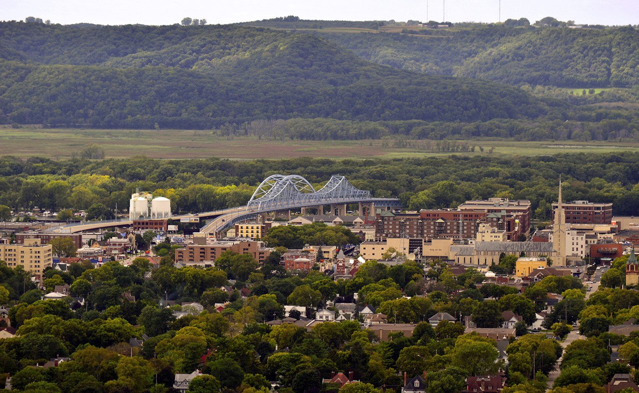 View of downtown La Crosse, Wisconsin and the Mississippi River from above